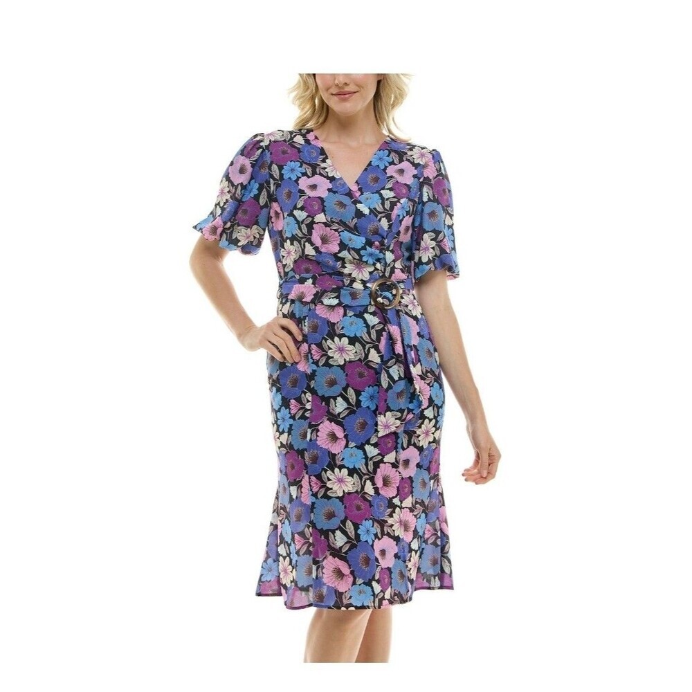NWT Nicole Miller Floral Black Pink Blue White Fit/Flare Dress Size M Lined - Picture 10 of 11